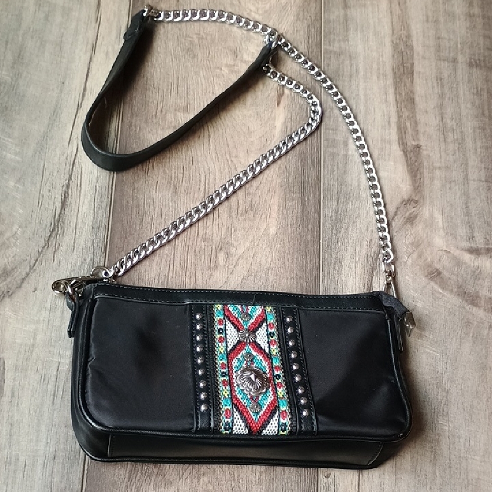 Montana West Black and Silver Clutch with Colorful Embroidery